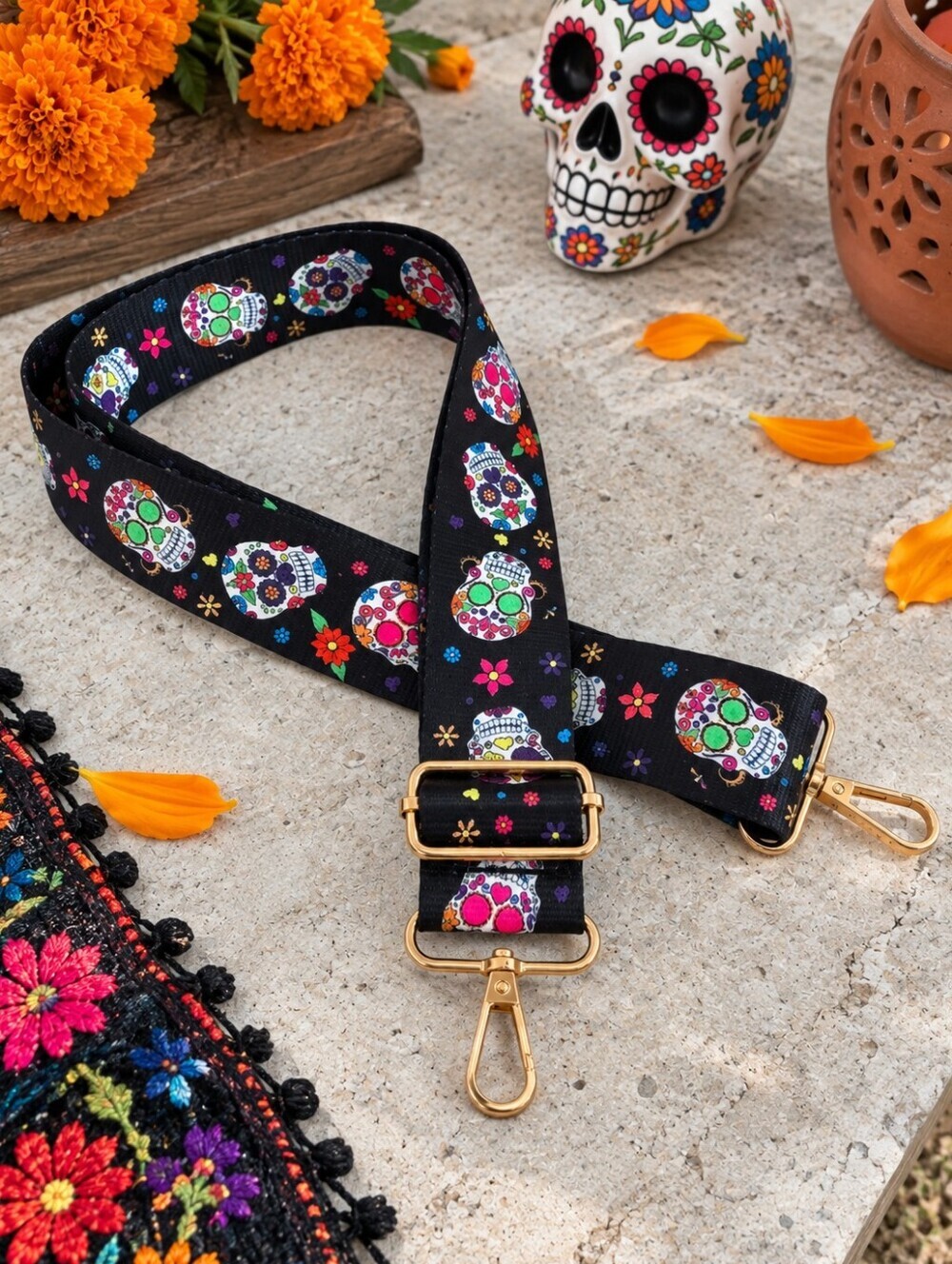 Sugar Skull Purse Strap Guitar Style Crossbody Bag Strap Adjustable 26-48" Gold